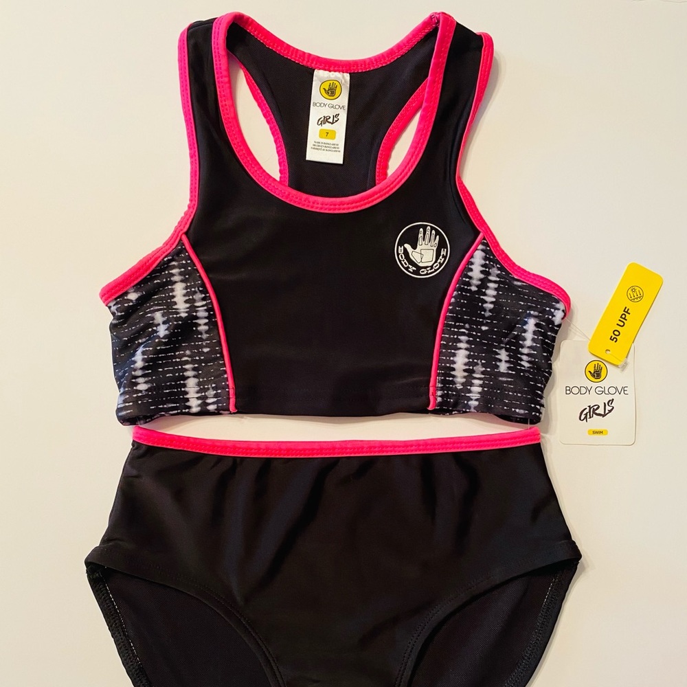 Girls 2pc Pink and Black Swimsuit Body Glove